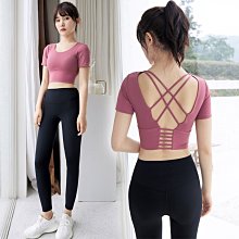 熱賣帶胸墊瑜伽服短袖女性感緊身顯瘦運動美背專業訓練健身房跑步T恤 歷史價格詳細信息