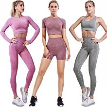 爆款無縫瑜伽服跑步運動內衣健身短袖高腰提臀長褲套裝女 歷史價格詳細信息