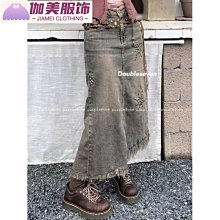 大尺碼牛仔裙 牛仔裙 牛仔裙長裙 美式復古中長款牛仔半身裙女春秋季設計感翻邊高腰開叉a字工裝裙 歷史價格詳細信息