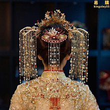 新娘頭飾中式紅色鳳冠藍色鳳凰花朵手工流蘇古典秀禾菔古裝發飾品 歷史價格詳細信息