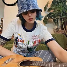 牛仔漁夫帽水洗花紋盆帽顯臉小水桶帽高端印花遮陽街頭摺疊遮陽帽 歷史價格詳細信息