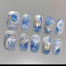 手工穿戴甲藍色法式鏤空星星大堆鑽溫柔閃亮美甲貼片新娘孕婦甲片 歷史價格詳細信息