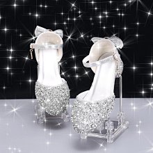 女童高跟公主鞋模特走秀演出皮鞋銀色兒童禮服裙閃亮舞臺水晶涼鞋 歷史價格詳細信息