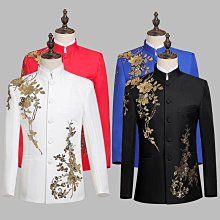 大合唱服立領紅色刺繡民族中山裝舞臺表演服男士主持司儀禮服套裝 歷史價格詳細信息