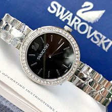 現貨SWAROVSKI 黑色珍珠母貝錶盤 流轉晶鑽圈 黑色皮革錶帶 石英 女士手錶 5301877 施華洛世奇腕錶 歷史價格詳細信息