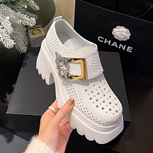 『真皮世家』厚底松糕鞋女真皮超高跟懶人鞋2023新款春季粗跟金屬鏈單鞋 歷史價格詳細信息