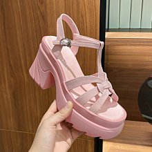 『真皮世家』露趾粗跟一字帶涼鞋女真皮2023新款夏季韓版高跟防水臺仙女羅馬鞋 歷史價格詳細信息