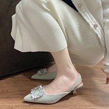 包頭涼鞋女鞋子2023年春夏新款坡跟尖頭金屬方扣氣質百搭後空單鞋【晴沐代購】 歷史價格詳細信息