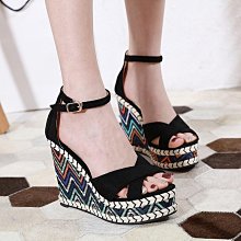 坡跟涼鞋民族風草編松糕厚底涼鞋高跟學生涼鞋大小碼33-43碼 草編楔形鞋 楔形涼鞋 增高厚底涼鞋 楔形涼拖鞋 女鞋 歷史價格詳細信息