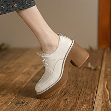 『真皮世家』英倫風厚底小皮鞋女淺口粗跟瑪麗珍鞋2023新款春夏季高跟百搭單鞋 歷史價格詳細信息