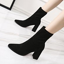 2022秋冬季新款高跟彈力靴女百搭靴防水臺小個子方頭粗跟長靴子 歷史價格詳細信息