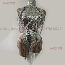 私密派對　鏡面拼接反光掛脖短裙舞臺走秀晚會派對T臺禮服帶流蘇帽子 歷史價格詳細信息