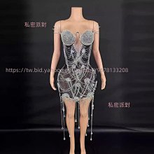 私密派對　-演出服-生日黃金禮服時尚-性感-抹胸水鉆鏈條收腰短裙套裝酒吧-夜店-演 歷史價格詳細信息