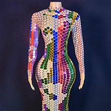 私密派對　鏡面拼接反光掛脖短裙舞臺走秀晚會派對T臺禮服帶流蘇帽子 歷史價格詳細信息