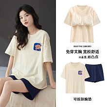 帶胸墊睡衣女夏季純棉短袖七分褲女款夏天薄款中年媽媽家居服套裝 歷史價格詳細信息