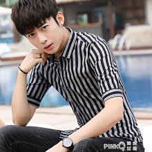 條紋襯衫 男士五分袖 中袖 新款潮流 免燙抗皺 修身 韓版印花 帥氣襯衣 歷史價格詳細信息