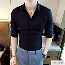 七分袖襯衫男夏季韓版潮流修身棉休閒五分中袖襯衣薄款純色寸衫 歷史價格詳細信息
