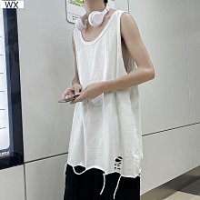 夏季破洞無袖背心 M-2XL 無袖t恤背心男 寬松破洞坎肩背心 外穿純色背心T恤 男生潮流運動背心上衣潮 夏季薄款-毛毛男裝 歷史價格詳細信息