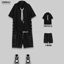 休閑套裝男　夏季男裝套裝 寬鬆套裝　夏季短袖T恤男生套裝潮流港風　男裝一套搭配休閑褲　帥氣兩件套半袖-正正男裝 歷史價格詳細信息