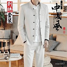 中國風休閒套裝男暗紋提花中袖復古盤扣t恤長褲禪服兩件套居仕服 歷史價格詳細信息