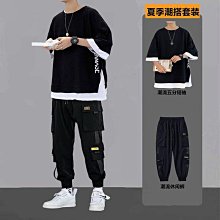 休閑套裝男　夏季男裝套裝 寬鬆套裝　夏季短袖T恤男生套裝潮流港風　男裝一套搭配休閑褲　帥氣兩件套半袖-正正男裝 歷史價格詳細信息