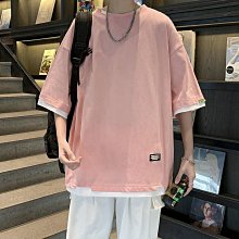 港風夏季男生假兩件t恤 純棉假兩件T恤男 寬鬆休閒短袖上衣 學生穿搭原創短袖T恤 五分袖上衣 假兩件T恤 百搭潮流-正正男裝 歷史價格詳細信息