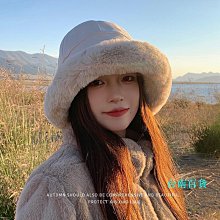 漁夫帽女秋冬新款顯臉小毛絨大頭圍帽子黑色保暖加厚仿羊羔毛盆帽 歷史價格詳細信息
