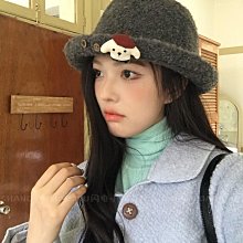 可愛蝴蝶結小狗白色毛絨漁夫帽女2024秋冬帽子大頭圍百搭保暖盆帽 歷史價格詳細信息