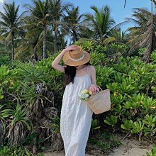 草帽 春夏新款出游手编印花织带镂空大檐爵士礼帽度假沙滩遮阳防晒草帽~熱銷 歷史價格詳細信息