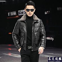 水貂毛領冬季新款真皮皮衣男士羽絨服爸爸裝皮夾克中長款風衣外套-名流 歷史價格詳細信息