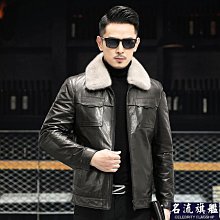 水貂毛領冬季新款真皮皮衣男士羽絨服爸爸裝皮夾克中長款風衣外套-名流 歷史價格詳細信息