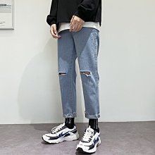 潮牌膝蓋破洞牛仔褲男款哈倫高街寬鬆直筒青年秋季九分褲潮流褲子 歷史價格詳細信息