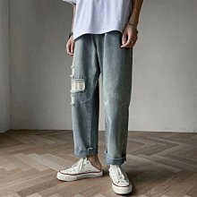 下殺-破洞牛仔褲男潮流ins網新紅夏季寬松薄款9分直筒褲新品bf風淺藍色乞丐褲 歷史價格詳細信息