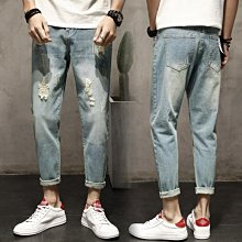 熱銷 牛仔褲   破洞男寬鬆潮牌直筒九分褲大尺碼潮流刮爛9分哈倫褲子潮 牛仔破褲 長褲男-可開發票 歷史價格詳細信息