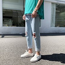 布貼個性破洞牛仔褲男直筒淺色乞丐褲男生褲子夏季新款韓版潮流爛 歷史價格詳細信息