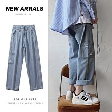 下殺-牛仔褲男個性破洞毛邊寬松新直筒正韓夏裝青少年ins新品時尚薄款九分褲 歷史價格詳細信息