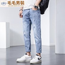 牛仔褲男士3新款夏季寬鬆青年小直筒褲潮牌彈力休閒長褲子男裝-毛毛男裝 歷史價格詳細信息