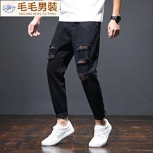 牛仔褲男黑色痞帥潮牌燙鑽破洞乞丐褲修身小腳春秋季彈力休閒褲子 歷史價格詳細信息