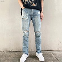 高街kanye west膝蓋大破洞牛仔褲男式彈力修身小腳褲 歷史價格詳細信息