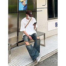 美式vibe做舊破洞牛仔褲男夏黃泥色設計感寬鬆高街直筒褲子ins潮 歷史價格詳細信息