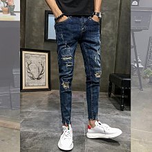 潮牌破洞補丁牛仔褲男夏季新款修身小腳韓版潮流淺色百搭青年長褲 歷史價格詳細信息