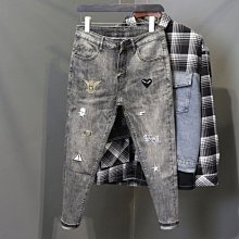 春秋新款男式牛仔時尚潮流彈力修身小腳韓版青少年破洞長子 Y3815 歷史價格詳細信息