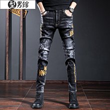 歐洲站 高級刺繡牛仔褲 男士印花黑色牛仔褲  緊身窄管字母潮流百搭彈力牛仔褲 歷史價格詳細信息