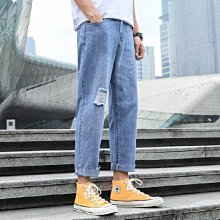 夏季九分牛仔褲 男破洞休閒褲牛仔褲 韓版青少年補丁乞丐褲子 男士9分褲 男士嘻哈高端緊身破洞 窄腳修身牛仔褲 歷史價格詳細信息
