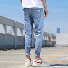 夏季九分牛仔褲 男破洞休閒褲牛仔褲 韓版青少年補丁乞丐褲子 男士9分褲 男士嘻哈高端緊身破洞 窄腳修身牛仔褲 歷史價格詳細信息