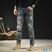 男士復古緊身牛仔褲美式褲子潮牌彈力緊身拼接機車褲男潮流黃泥色 歷史價格詳細信息