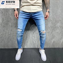 時尚男士牛仔褲破洞牛仔褲彈力修身褲子自行車牛仔褲長褲男褲 歷史價格詳細信息