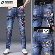 個性刺繡牛仔褲男修身小腳秋冬歐洲站高端潮牌黑色長褲子韓版潮流~喜喜好物~ 歷史價格詳細信息