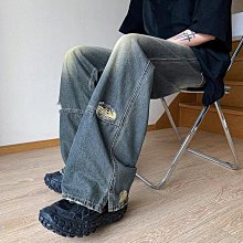 水洗破洞牛仔褲男設計感高級水洗直筒褲夏季美式vibe微喇九分褲子-毛毛男裝 歷史價格詳細信息
