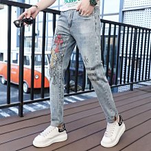 歐洲站 高級刺繡牛仔褲 男士印花黑色牛仔褲  緊身窄管字母潮流百搭彈力牛仔褲 歷史價格詳細信息